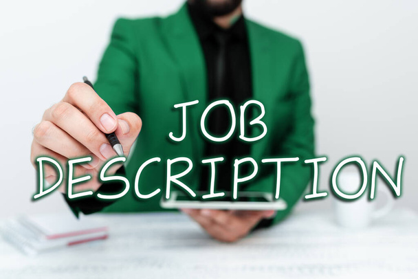 Mão escrita sinal Job Description, Business approach Um documento que descreve as responsabilidades de uma posição - Foto, Imagem