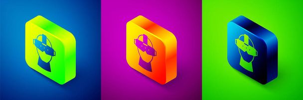 Isometric Virtual reality glasses icon isolated on blue, purple and green background. Stereoscopic 3d vr mask. Optical head mounted display. Square button. Vector - Vector, Image