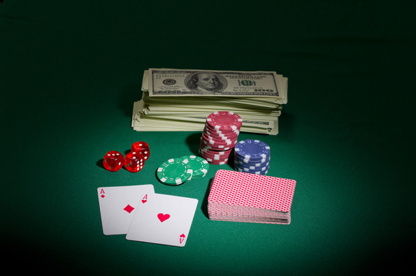 Dollars chips cards and dices - Фото, изображение
