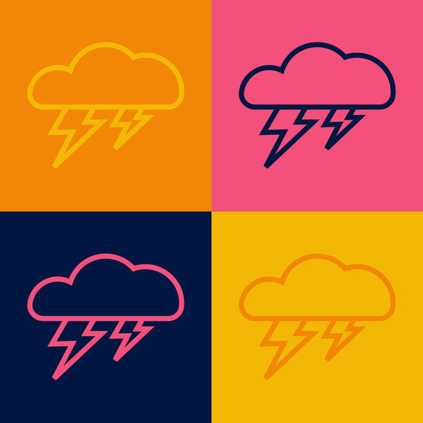 Иконка поп-арта выделена на цветном фоне. Знак облака и молнии. Метеосимвол шторма. Вектор - Вектор,изображение