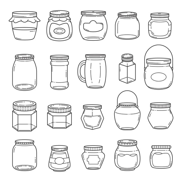 Set of vector outline doodle hand drawn jars and containers for food isolated over white background - Διάνυσμα, εικόνα