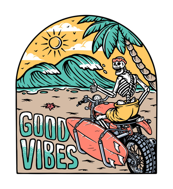 Skull trip to the beach by riding a motorcycle - Vector, imagen