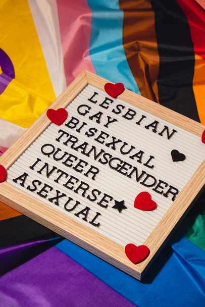 LGBTQIA description frame on Rainbow LGBTQIA flag made from silk material. LESBIAN, GAY, BISEXUAL, TRANSGENDER, QUEER, INTERSEX, ASEXUAL. Symbol of LGBTQ pride month. Equal rights. Peace and freedom - Fotoğraf, Görsel