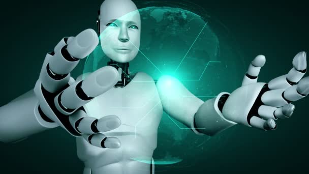 AI hominoid robot holding virtual hologram screen showing concept of big data analytic using artificial intelligence thinking by machine learning process. 3D rendering. - Video