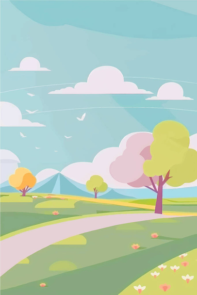 Мирный природный пейзаж с зелеными деревьями, холмами и чистым голубым небом - идеальное место для любого проекта, нуждающегося в спокойной обстановке на открытом воздухе. Это векторное искусство - Вектор,изображение