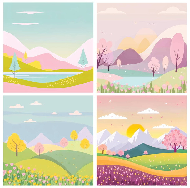 Peaceful natural landscape illustration with green trees, rolling hills, and a clear blue sky - perfect for any project needing a serene outdoor setting. This vector artwork - Wektor, obraz