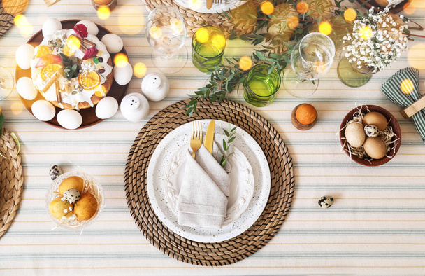 Festive table setting for Easter dinner, top view - Photo, image