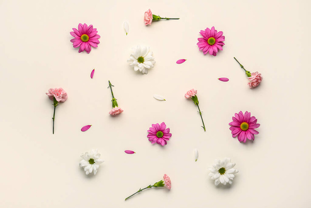 Beautiful chrysanthemum and carnation flowers on white background - Фото, изображение