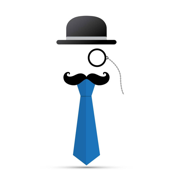 Black mustache, monocle, hat and blue tie on white background - Vector, afbeelding