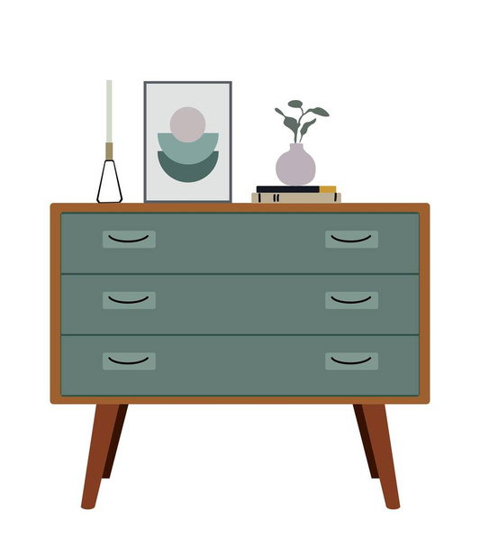 Wooden teal chest of drawers for living room or bedroom with home decor. Cozy room interior design elements, wall picture, candle, vase, books. Flat vector illustration isolated on white background. - ベクター画像