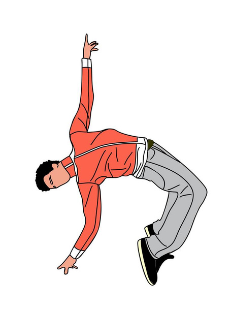 Man dancing street dance in urban hip hop style. Dancer jumping and dancing break dance. Cartoon character. Vector flat illustration isolated on white background. - Vector, imagen