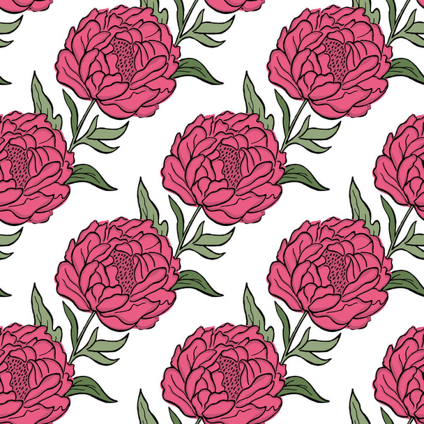 Seamless floral vector pattern peony. Flowers and leaves, can be used as greeting card, invitation card for wedding, birthday and other holiday and summer background. Vector illustration. - Vector, Imagen