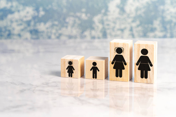 Conceptuele voorstelling met blokjes van een homoparentale familie van moeders, een blik op liefde en vereniging in verscheidenheid. Hoge kwaliteit foto - Foto, afbeelding