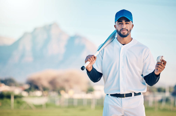 Sports, baseball and portrait of man with bat on field ready for game, practice and competition mockup. Fitness, confident mindset and athlete outdoors for exercise, training and workout for match. - Photo, image