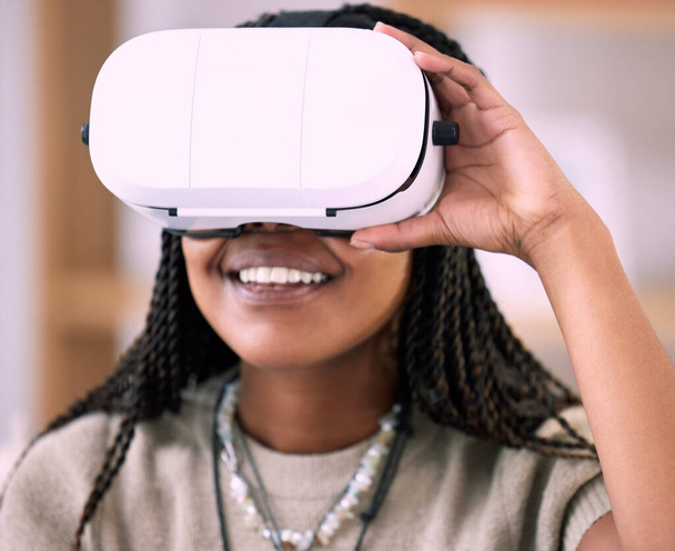 Future, black woman and virtual reality glasses for game, metaverse and happiness in living room. Futuristic, African American female and girl with technology, vr and entertainment on break and relax. - Foto, immagini