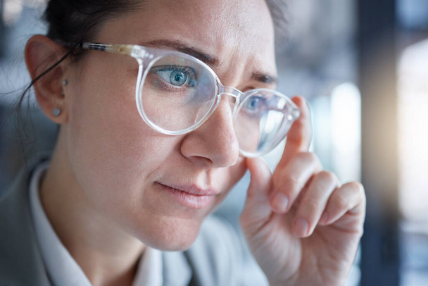 Business woman confused, vision and glasses, face and focus, prescription lens fail and problem. Optometry, health for eyes and adjust spectacles, eye care and reading, thinking and serious female. - Photo, image