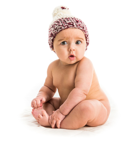 Baby girl in  brown hat - Zdjęcie, obraz