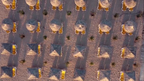 Вид с воздуха на пляжные зонтики и шезлонги на пляже летом - Кадры, видео