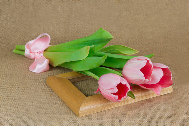 Tre tulipani rosa con nastro di raso disteso sulla cornice
 - Foto, immagini