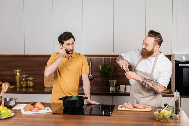 Gay couple cooking vegetables and chicken fillet in kitchen  - Fotoğraf, Görsel