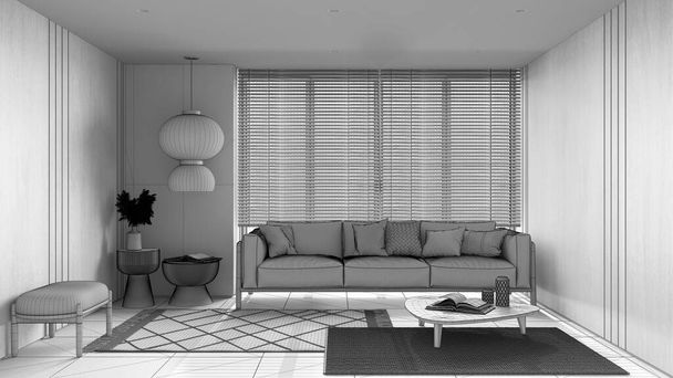 Tervrajz befejezetlen projekt vázlat, minimalista nappali fából készült falakkal. Szövetes kanapé párnákkal, ablak velencei redőnyökkel, szőnyegekkel és dekorációkkal. Minimális belső kialakítás - Fotó, kép