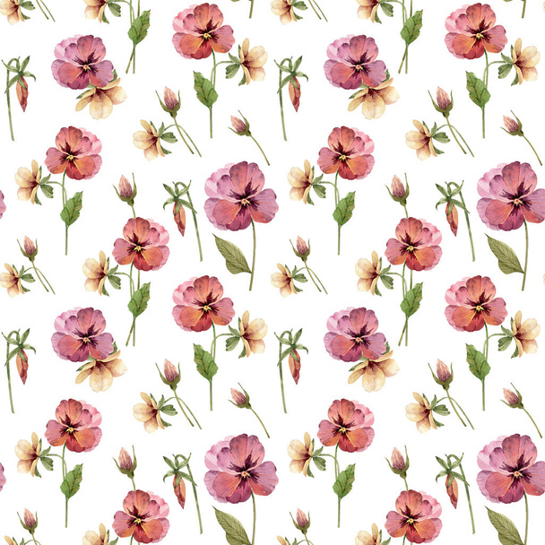 Seamless pattern with watercolor flowers violets on a white background, hand painted. - Fotó, kép