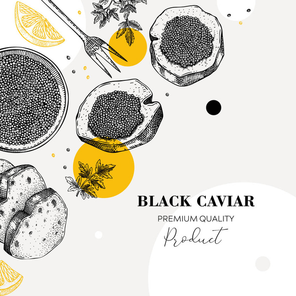 Black caviar canape with lemons and spices banner design. Canned seafood sketches. Vector illustration in collage style. - Vektör, Görsel