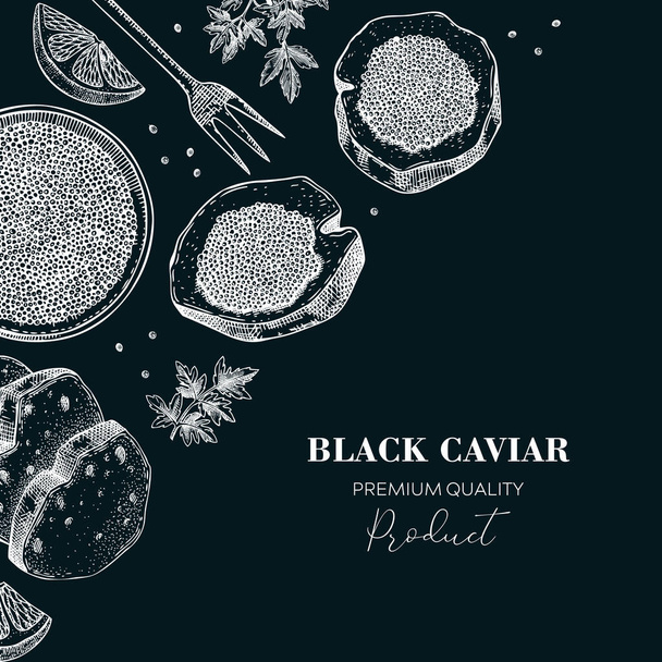 Black caviar canape with lemons and spices background design. Canned seafood sketches on chalkboard. Vector illustration in vintage style. - Vektör, Görsel