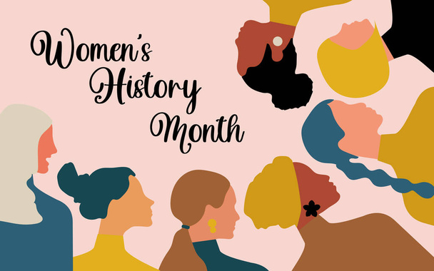 Vrouwengeschiedenis Maand. Vrouwen van verschillende leeftijden, nationaliteiten en religies komen samen. Roze horizontale poster.  - Foto, afbeelding