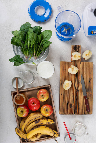 Ingredients for making smoothies fresh fruits and yogurt, healthy food, top view - Zdjęcie, obraz