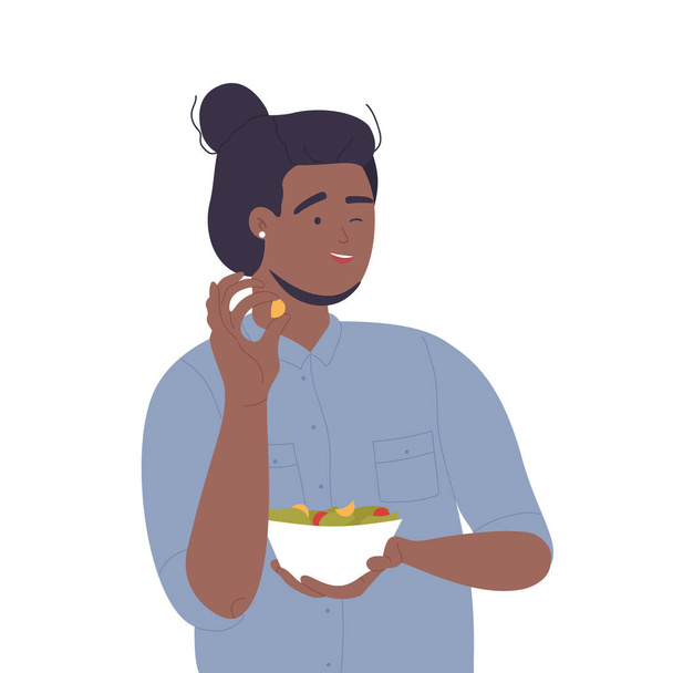 A lány salátás tálat eszik. Egészséges élelmiszer-fogyasztó, nő eszik friss zöldség vektor illusztráció - Vektor, kép