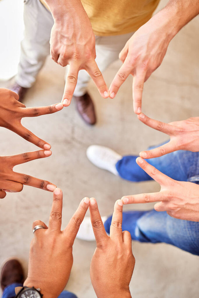 Peace, above and hands of business people in a star for team building, shape and support. Motivation, together and hands of employees with a sign for collaboration, friends and group solidarity. - Foto, Imagen