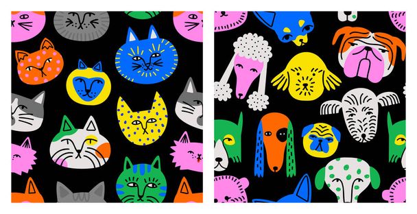Set of funny dog and cat animal colorful cartoon seamless pattern. Cute domestic pet collection includes kitten, puppy background illustrations. - Вектор, зображення