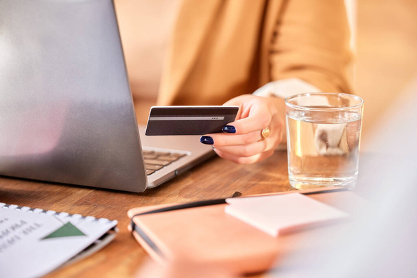 Online shopping, laptop and hand of woman with credit card for internet banking, ecommerce and payment. Fintech, business and female with computer for financial budget, website store and purchase. - Fotografie, Obrázek