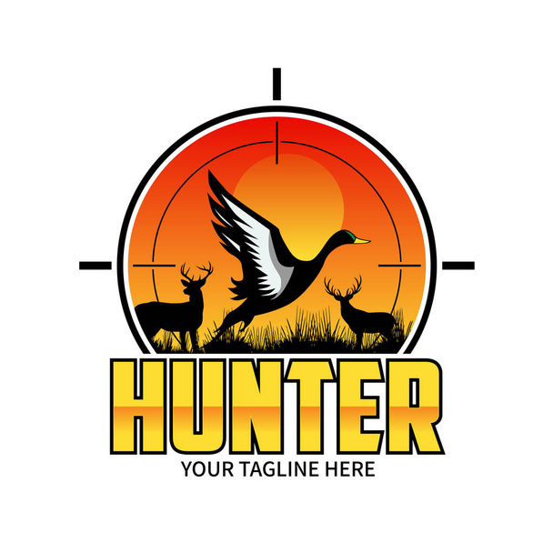 Inspiración del logo del club de caza con pato y objetivo. Lente de rifle apuntando a un pato - Vector, Imagen