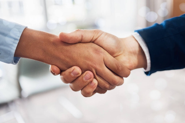 B2b, black woman or businessman handshake in deal, meeting or startup project partnership together. Teamwork, crm or people shaking hands for sales goals, bonus target or hiring agreement in office. - Photo, Image