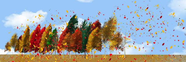 As cores arrojadas e brilhantes das folhas de outono são vistas em uma linha de árvores em um dia ventoso com folhas voando. por todo o lado na brisa. Esta é uma ilustração 3-d. - Foto, Imagem