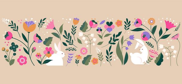Hei kevät, kesäaika, Hyvää pääsiäistä, sisustettu moderni tyyli kortti, banneri. Pupuja, kukkia ja kori. Värikäs minimalistinen vektorisuunnittelu - Vektori, kuva