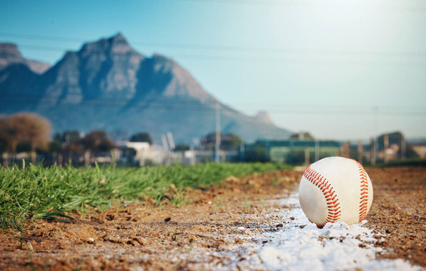 Sports mockup, baseball and ball on ground ready for game, practice and competition outdoors. Fitness, sport copy space and softball equipment on field for exercise, training and workout for match. - Foto, afbeelding