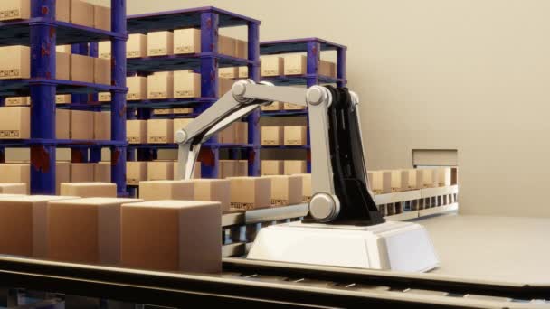 Arm Robot AI manufacture Box product Object for manufacturing industry technology Product export and import of future Termékek, élelmiszerek, kozmetikumok, ruházati raktár Mechanikai jövő technológiája - Felvétel, videó