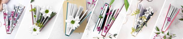 Collage of books with fresh flowers on light background, top view - Foto, immagini
