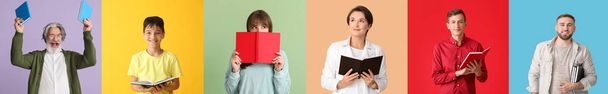 Collection of different people with books on color background - Photo, image