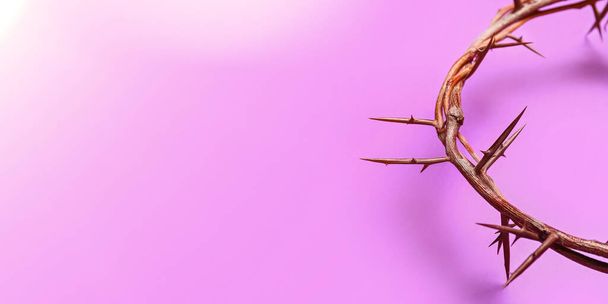 Coroa de espinhos em fundo lilás com espaço para texto, close-up. Conceito de Sexta-feira Santa - Foto, Imagem