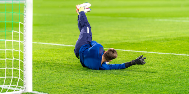 goalkeeper catches the ball in the goal in a soccer match. High quality photo - Fotografie, Obrázek