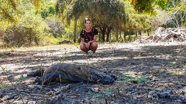 A woman posing with gigantic, venomous Komodo Dragon, resting after the meal in Komodo National Park, Flores, Indonesia. Dangerous animal in natural habitat. Touristic attraction - Photo, Image