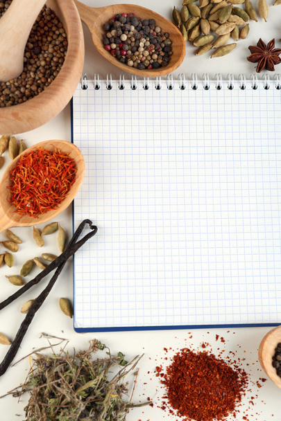 Spices with recipe book on white background - Φωτογραφία, εικόνα
