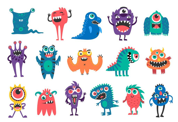 Cartoon monster characters, funny creatures or bizarre alien animals, vector cheerful personages. Cute cartoon happy monsters, trolls and yeti bigfoot for kids, dragon and big eye cyclops with gremlin - Vektor, kép