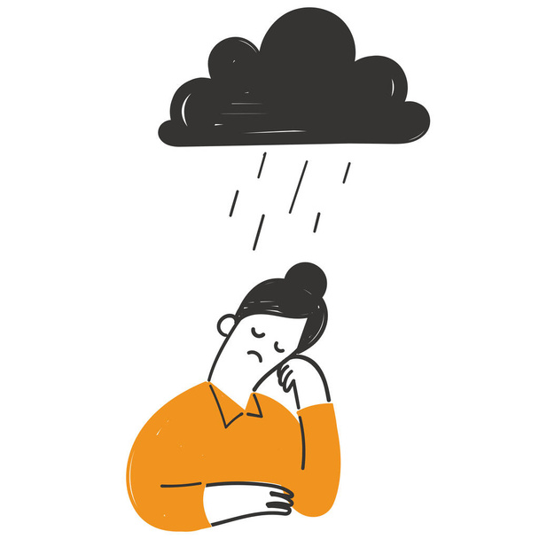 Handgezeichnete Doodle Depression oder Stress Frau mit Regenwolke Illustration - Vektor, Bild