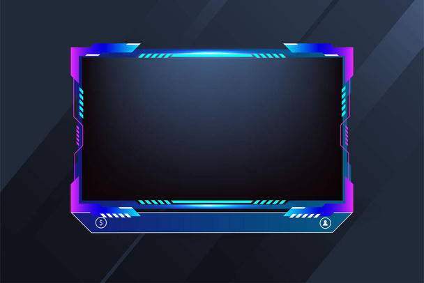 Live screen border and button decoration vector for gamers. Screen overlay panel design with blue and purple colors. Broadcast streaming screen overlay vector with modern shapes. - Vektör, Görsel