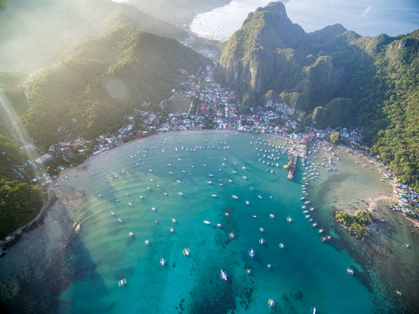 El Nido Landscape and Nature. Seascape with Boats in Background. Palawan, Philippines. Drone Point of View - Фото, зображення